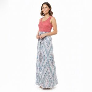 Lily Rose NWOT Pink and Blue Patterned Maxi Dress Sleeveless Crochet Top Lined